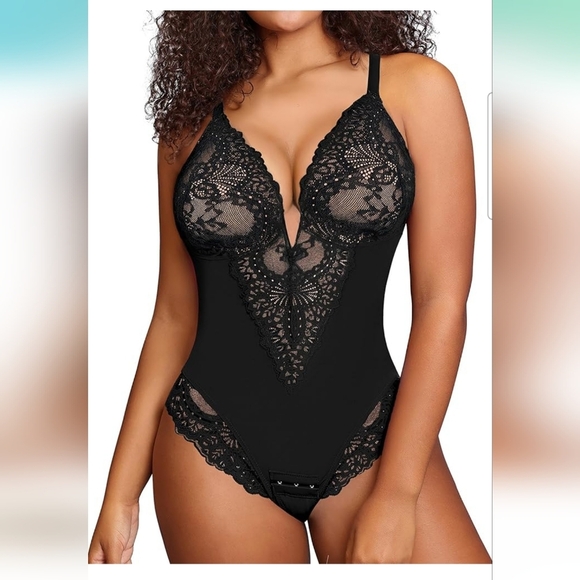 Popilush Black Lace V Neck Corset Shapewear Tummy Control Bodysuit Size XL - Picture 1 of 10